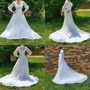 VINTAGE 70s White Victorian Lace Pleated Chiffon Queen Anne Collar Wedding Dress